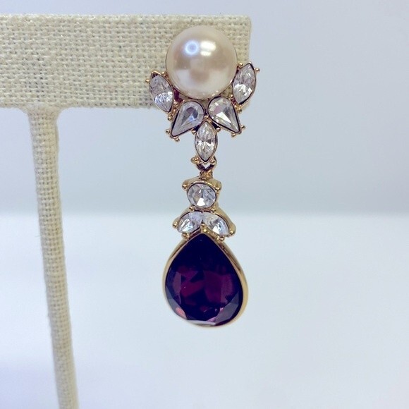 Nolan Miller Glamour Collection Faux Pearl & Amethyst Dangle Drop Earrings - Picture 2 of 8